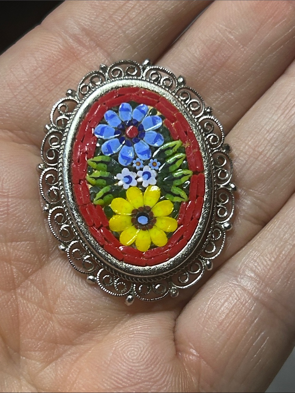Glass Mosaic Brooch Pin Stamped Italy - Picture 7 of 7